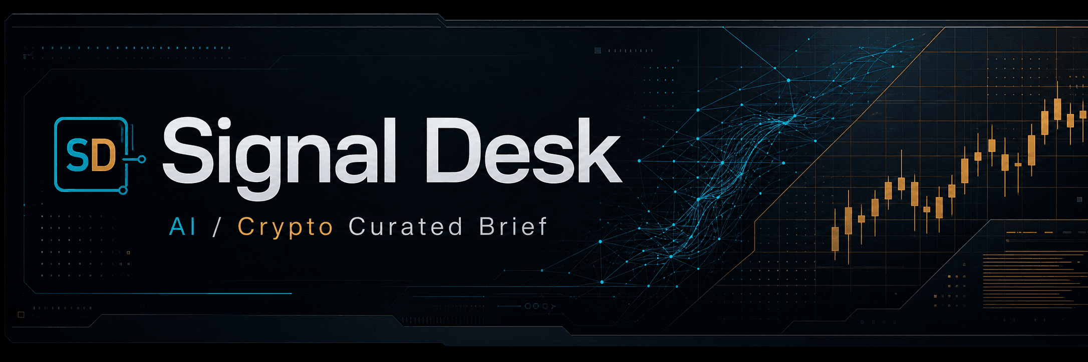 Signal Desk AI and crypto curated brief masthead with cyan AI network lines and amber market grid